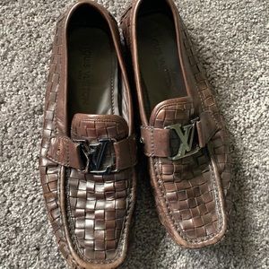 Louis Vuitton used loafers. Size 9 men’s. Brown woven leather. Priced to sell.